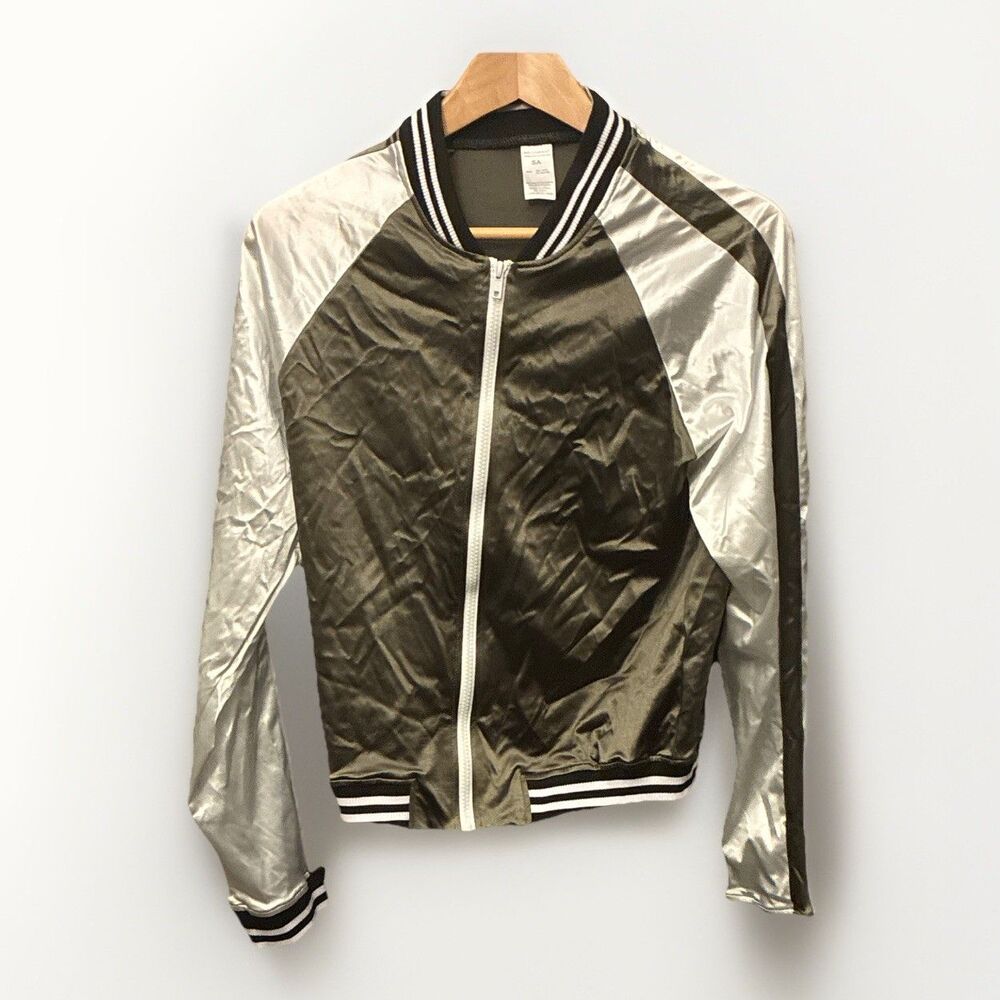 WEISSMAN Olive Silver Zip Collared Lined Long Sleeve Bomber Striped Ribbed SA